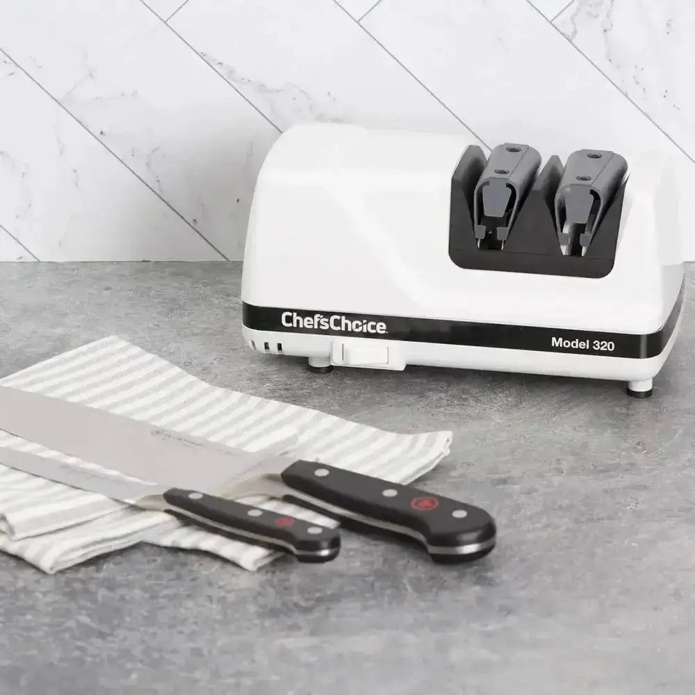 White chef’s choice 320 2-stage electric knife sharpener with black accents and dual sharpening slots