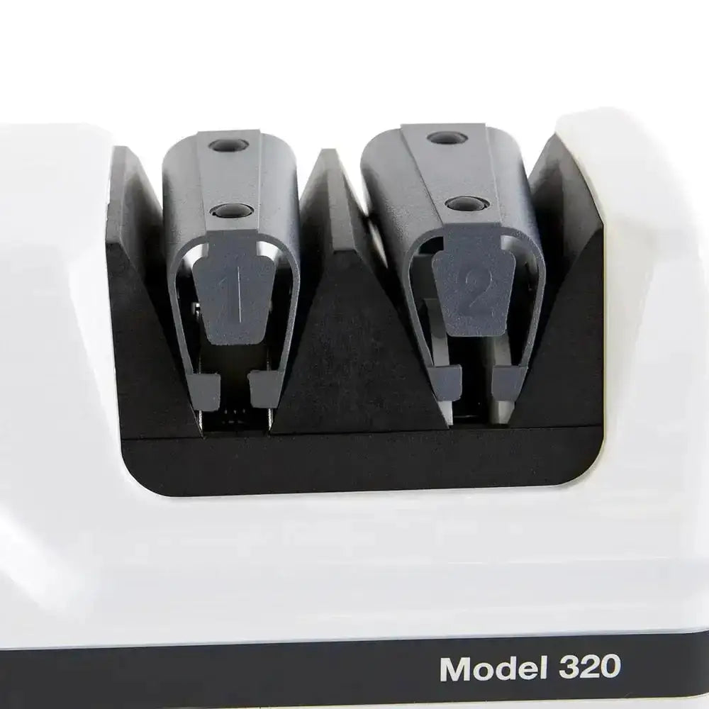 Chef’s Choice 320 white and black electric knife sharpener with two adjustable slots and model 320 label