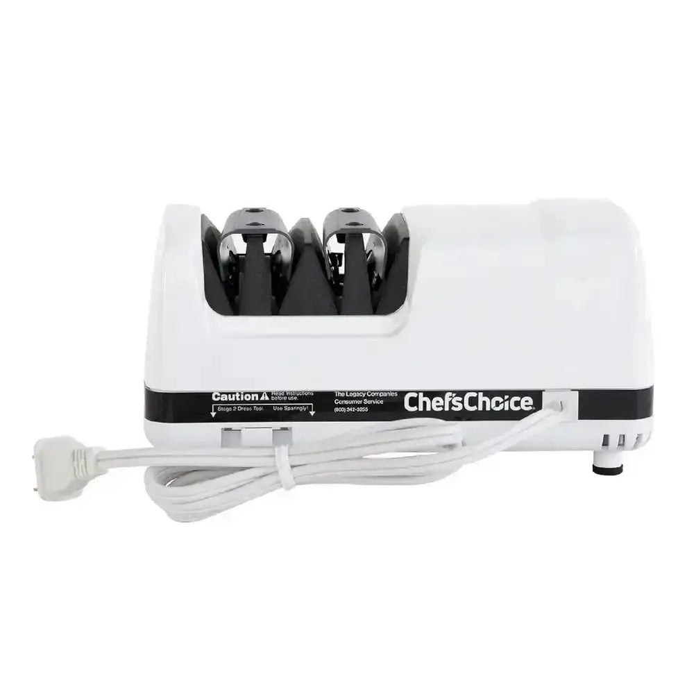 White chef’s choice 320 electric knife sharpener with black sharpening slots and coiled power cord for kitchen use