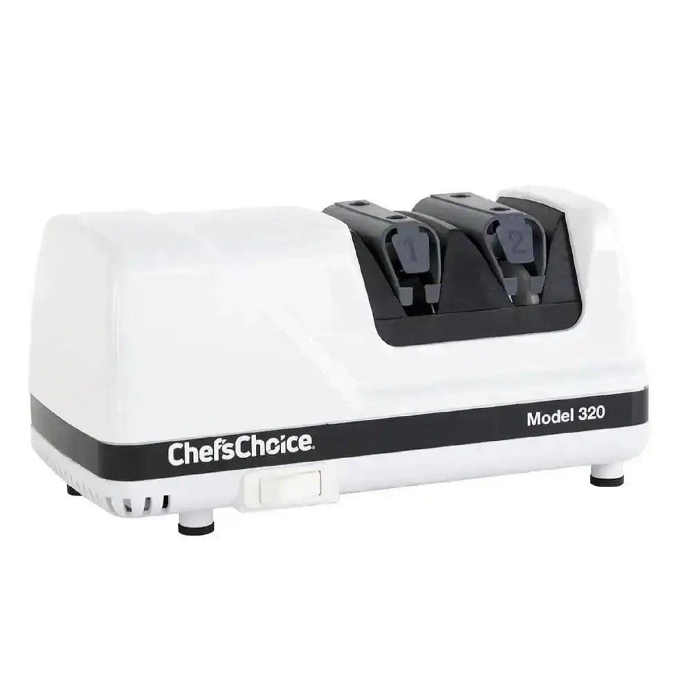 Chef’s Choice 320 2-stage electric knife sharpener with dual black sharpening slots and white body