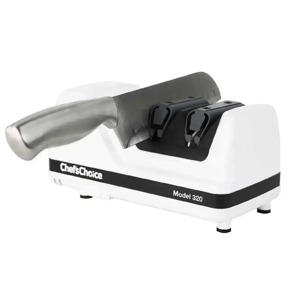 Chef’s Choice 320 white and black 2-stage electric knife sharpener with stainless steel chef’s knife in slot
