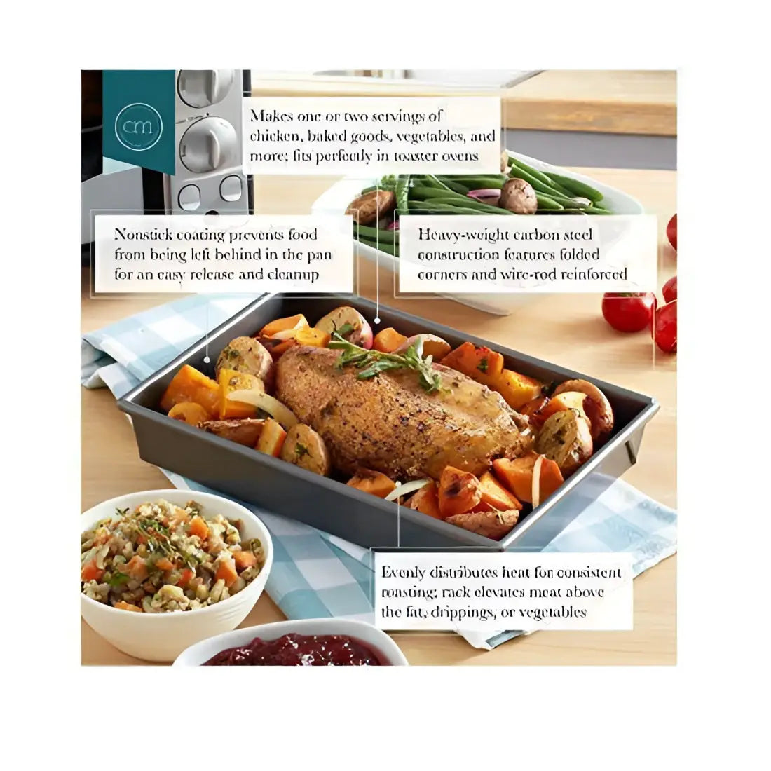 Chicago Metallic baking and roasting pan with roast chicken, vegetables, and nonstick coating on a kitchen table, premium cookware at Cookin Stores