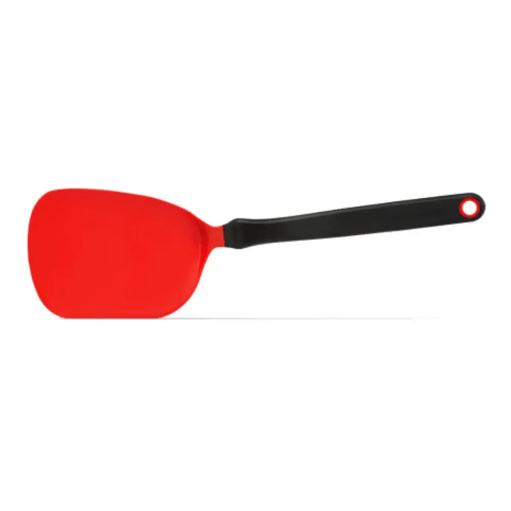 Red spatula with a black handle on a white background