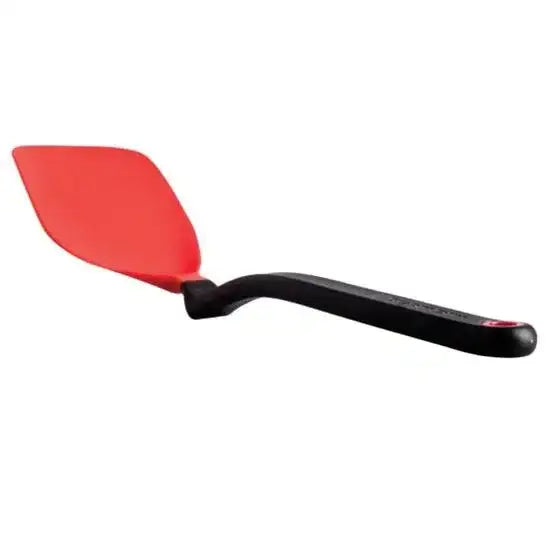 Red spatula with black handle on a white background