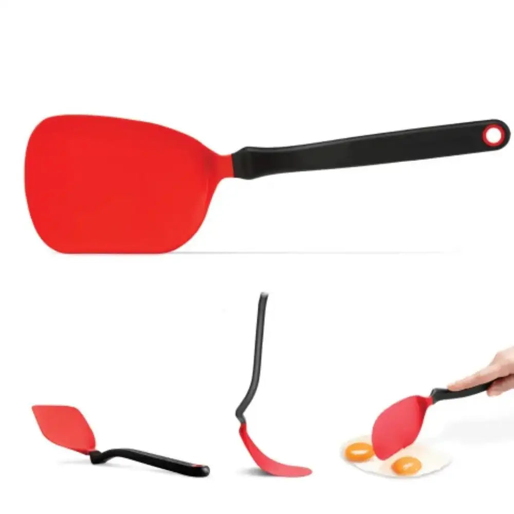 Red spatula with black handle on a white background