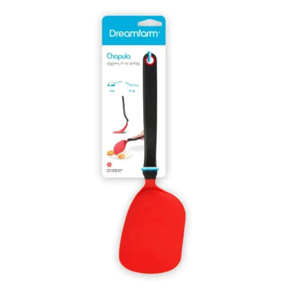 Red spatula with black handle on a white background, featuring Dreamfarm branding.