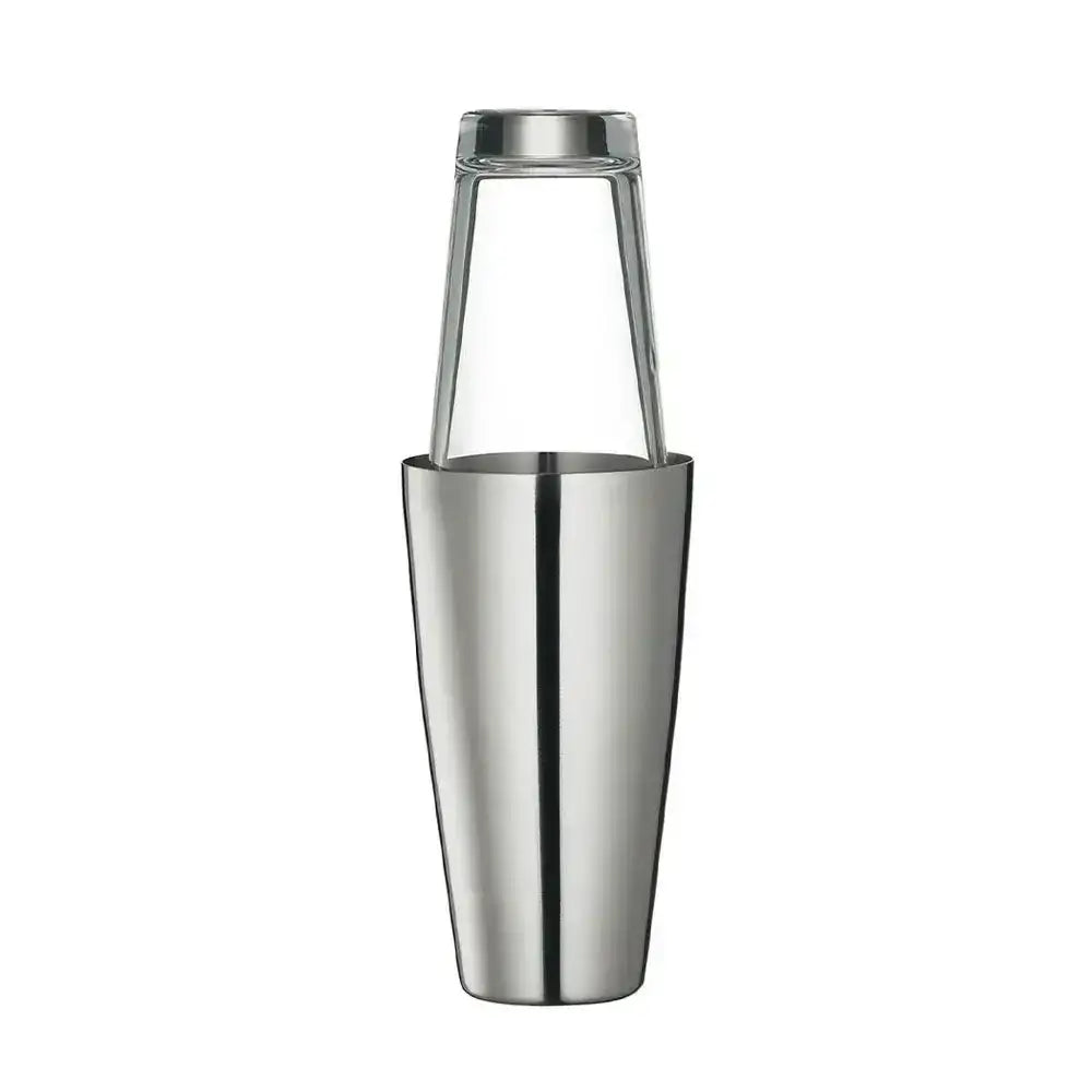 Stainless steel cocktail shaker on a white background