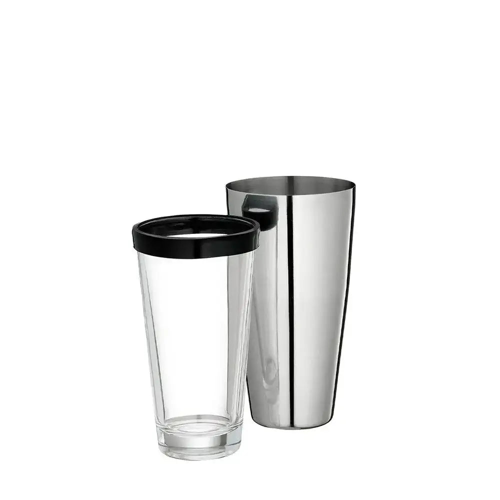Clear tumbler with black lid and silver shaker on a white background