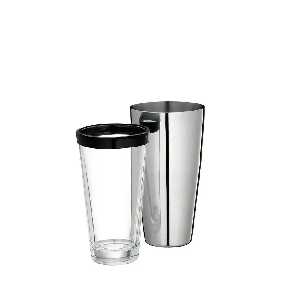 Clear tumbler with black lid and silver shaker on a white background