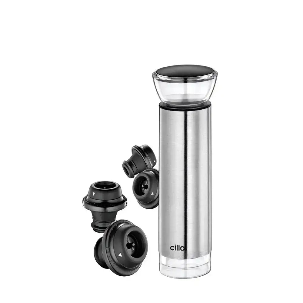 Silver wine bottle opener with black nozzles on a white background