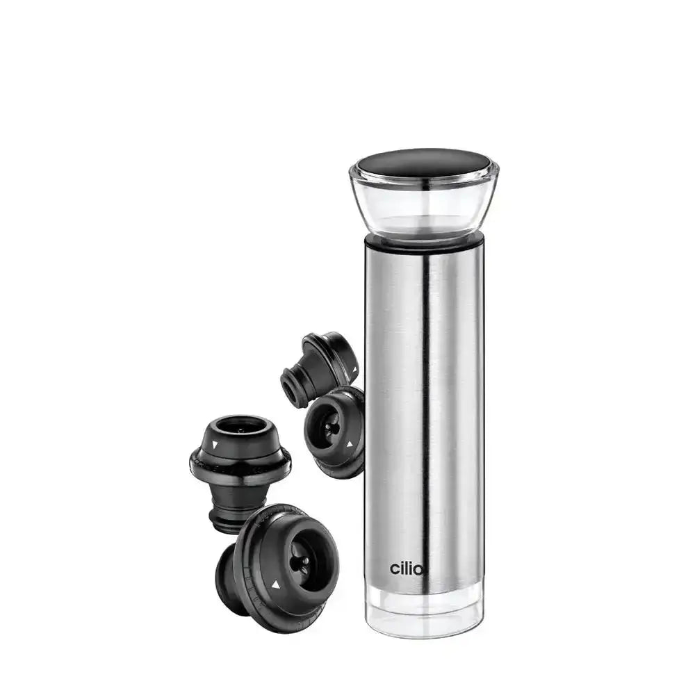 Silver wine bottle opener with black nozzles on a white background