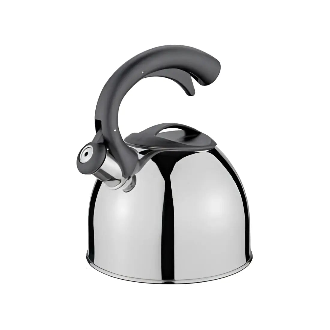 Stainless steel whistling stovetop kettle with black handle from Cookin Stores kitchenware