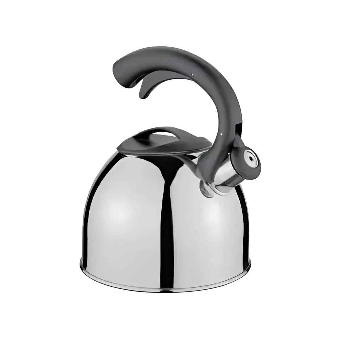 Stainless steel kettle with black handle on a white background