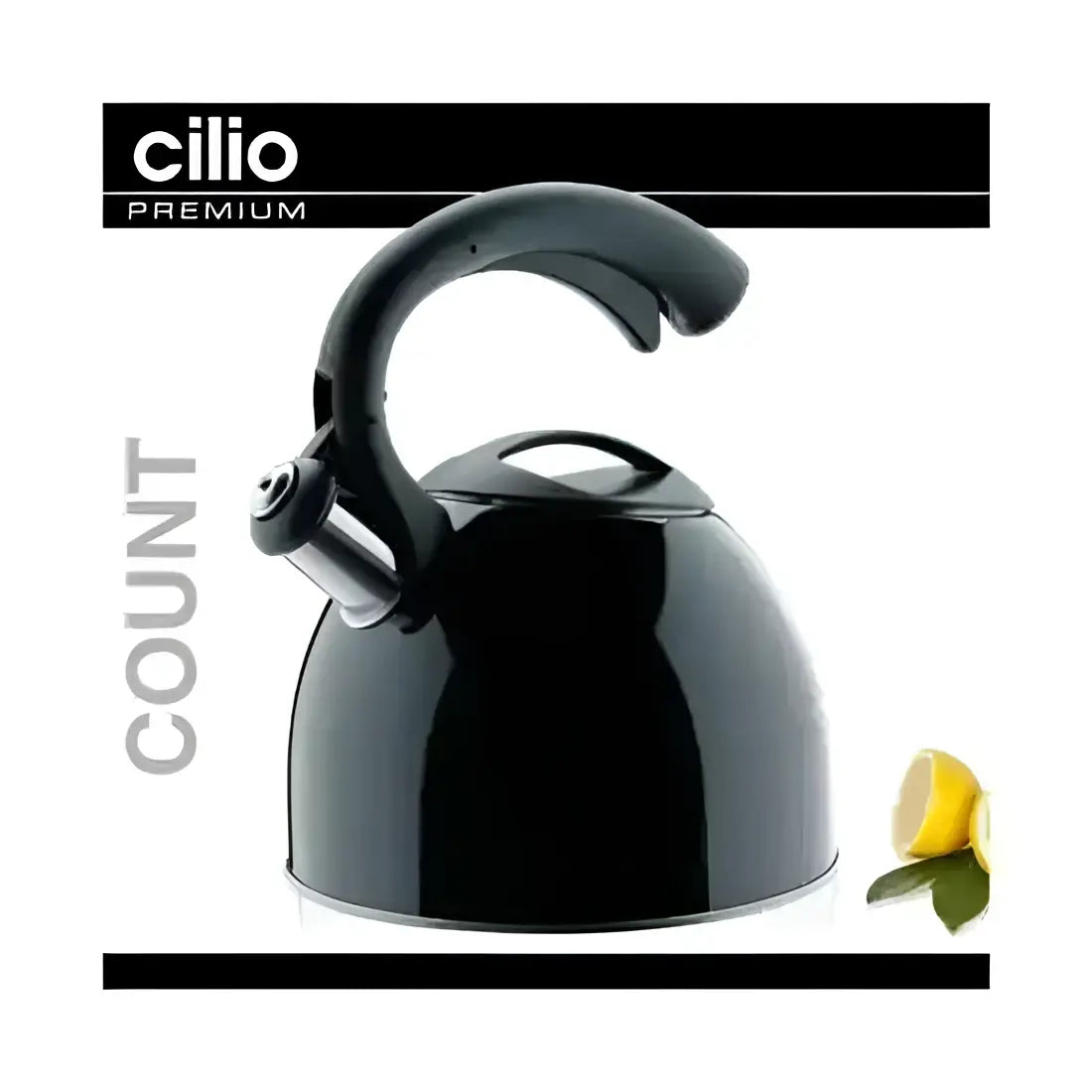 Cilio Premium black kettle with ergonomic handle displayed on white background, Cookin Stores kitchenware