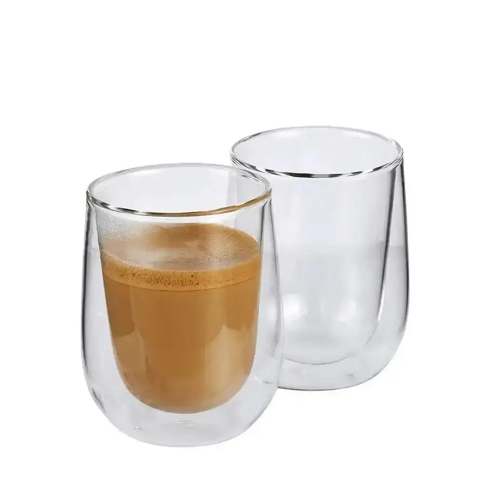 Set of two Cilio double walled coffee glasses, one filled, premium kitchenware at Cookin Stores