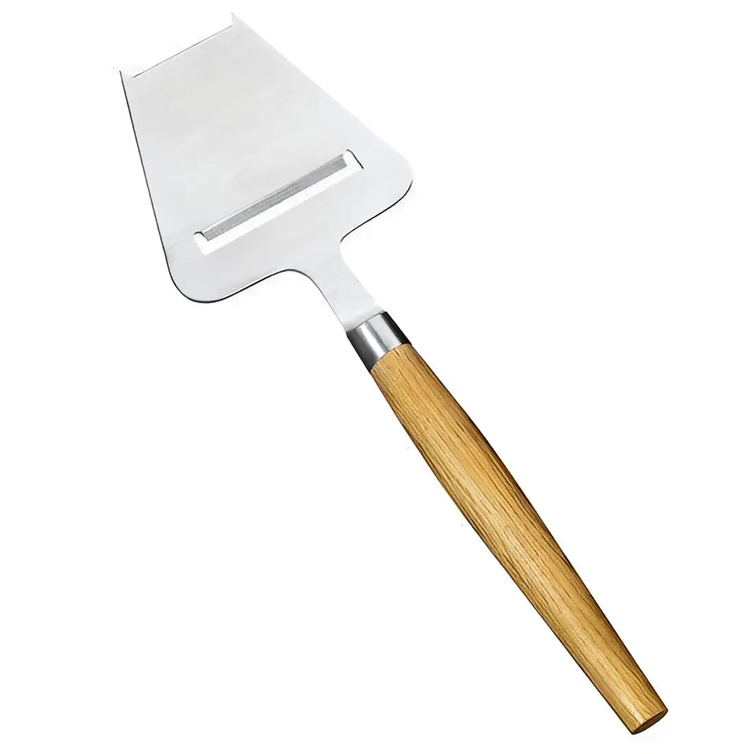 Stainless steel cheese slicer with wooden handle on white background, premium kitchenware