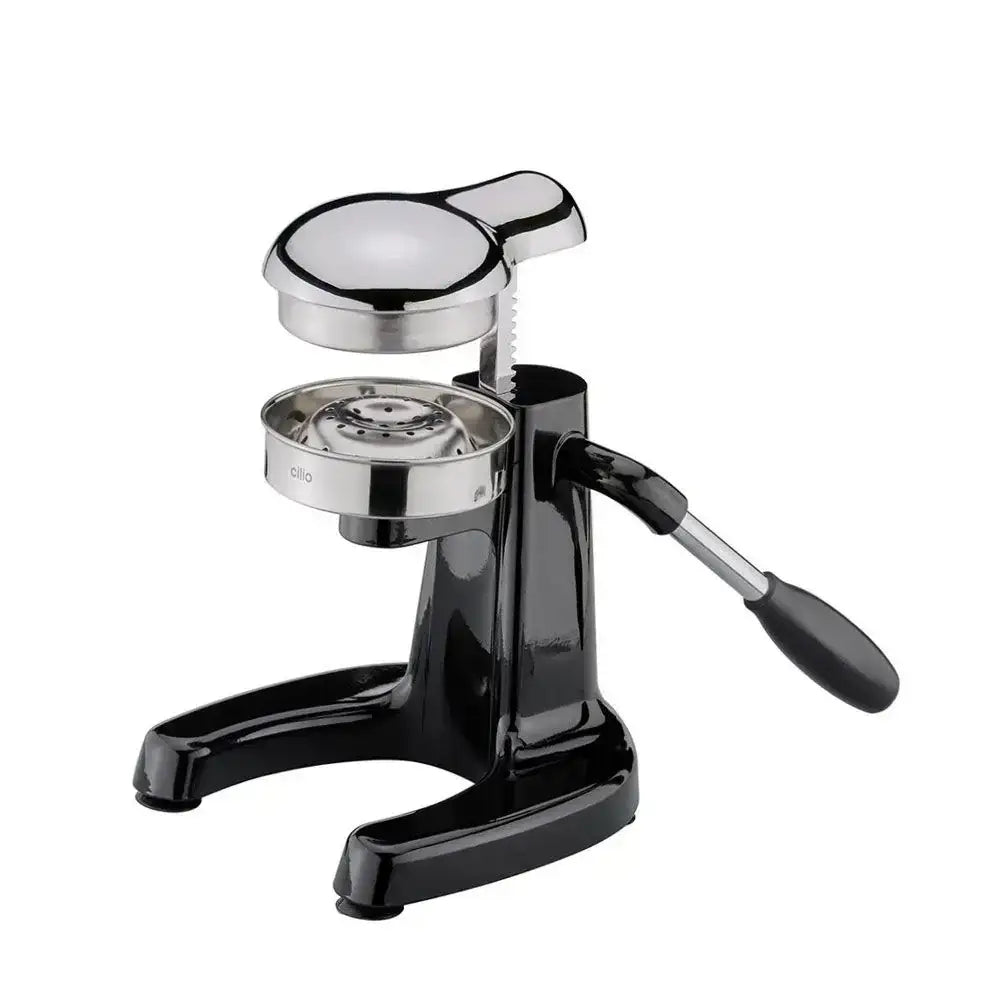Black manual juicer with chrome accents on a white background