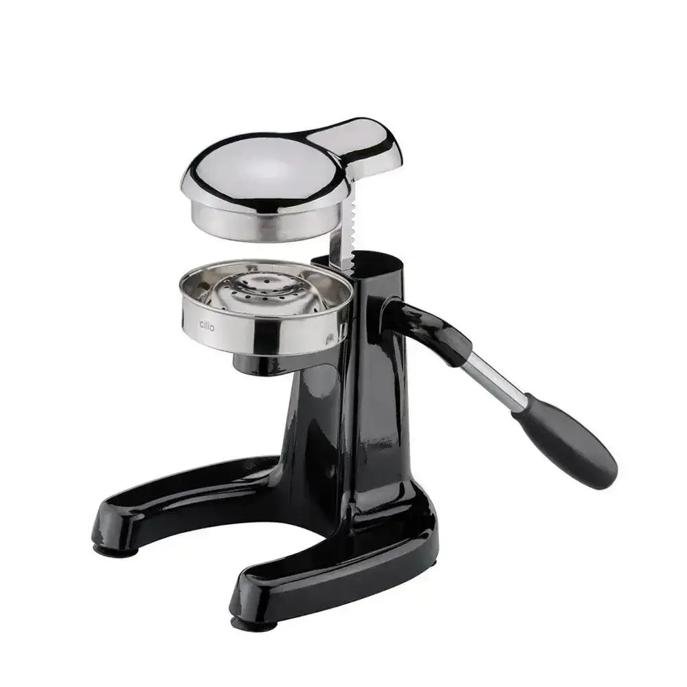 Black manual juicer with chrome accents on a white background