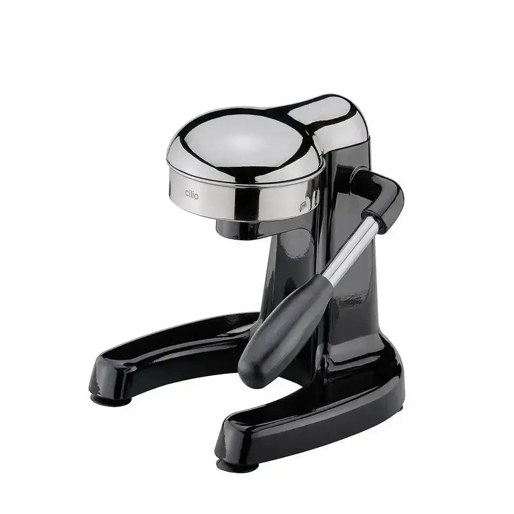 Black and silver manual juicer on a white background