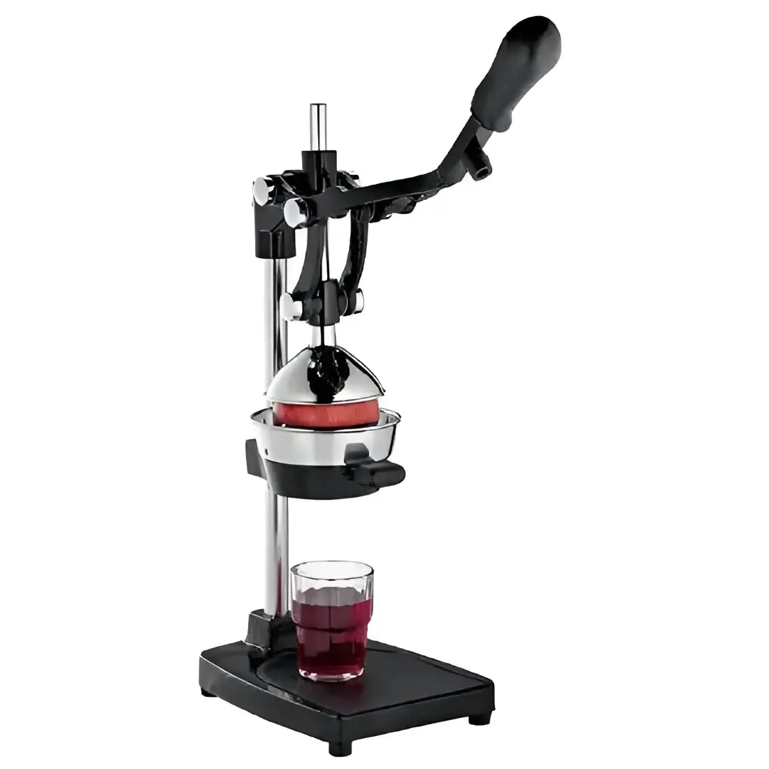 Cilio Professional Pomegranate Citrus Press juicer with a glass of fresh juice, Cookin Stores kitchenware