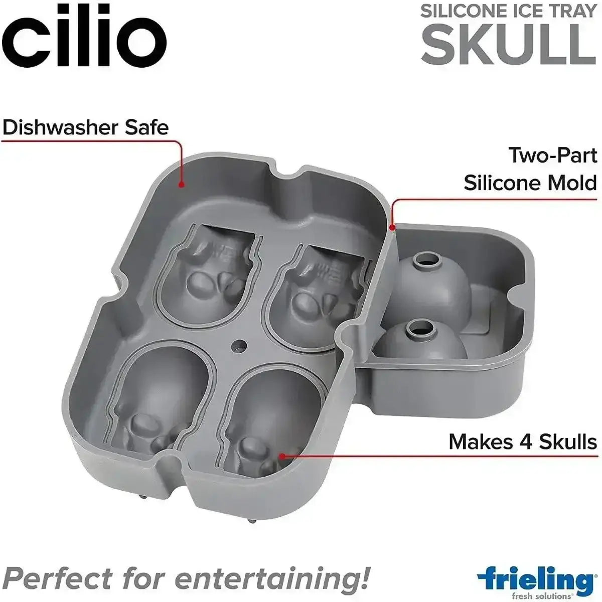 Cilio silicone ice cube tray mold shaped like skulls, dishwasher safe, Cookin Stores kitchenware.