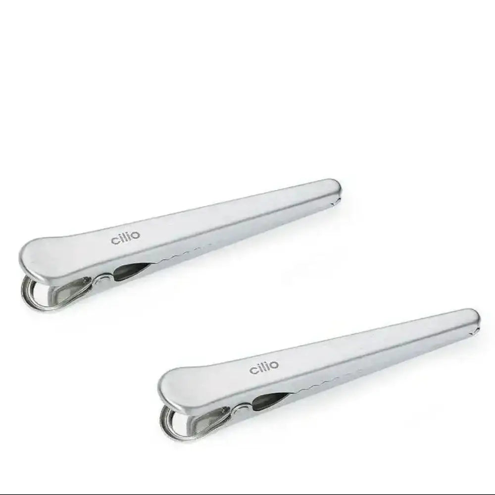 Two silver hair clips with 'ciliao' branding on a white background