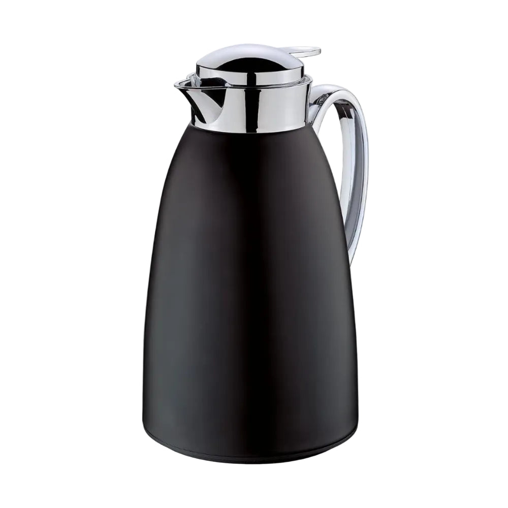 Black thermos jug with silver lid and handle on a white background