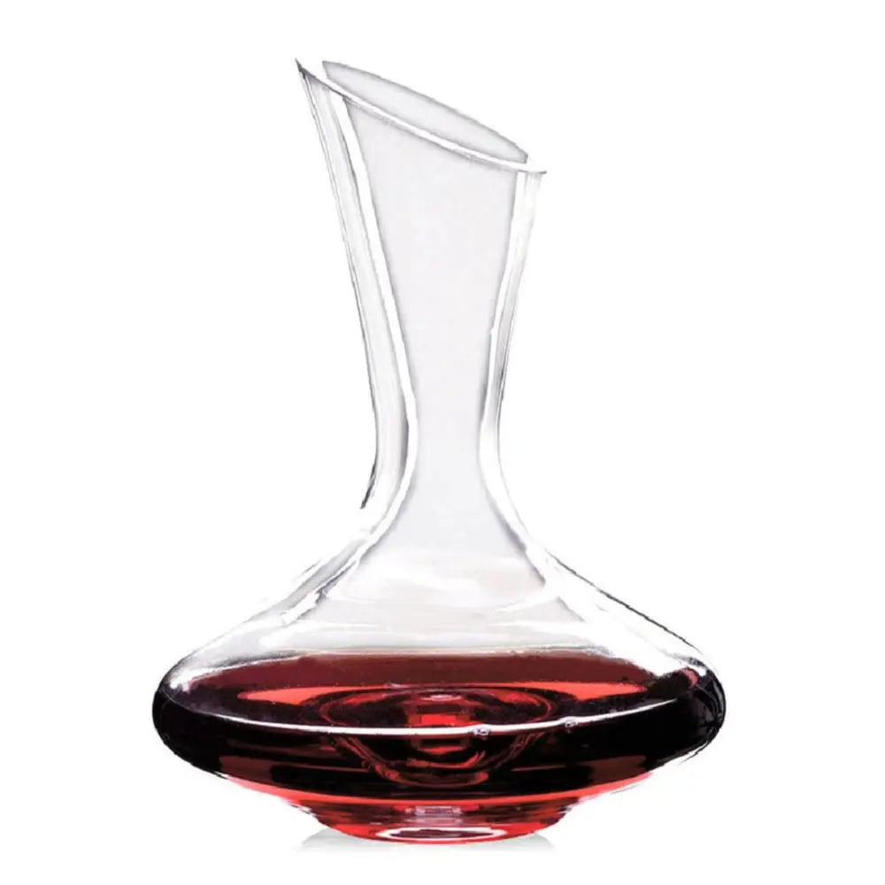 Clear wine decanter with red wine inside on a white background