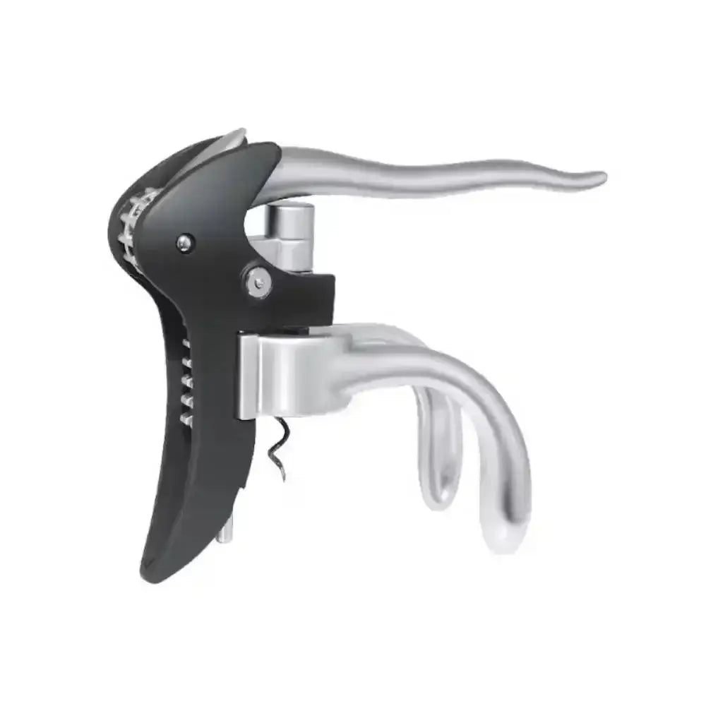 Black and silver corkscrew on a white background