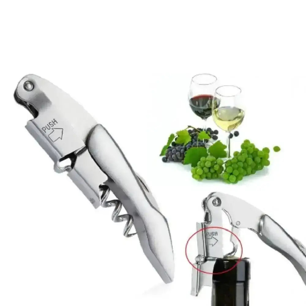 Stainless steel waiter's friend bottle opener with corkscrew, wine glasses, and grapes from Cookin Stores.