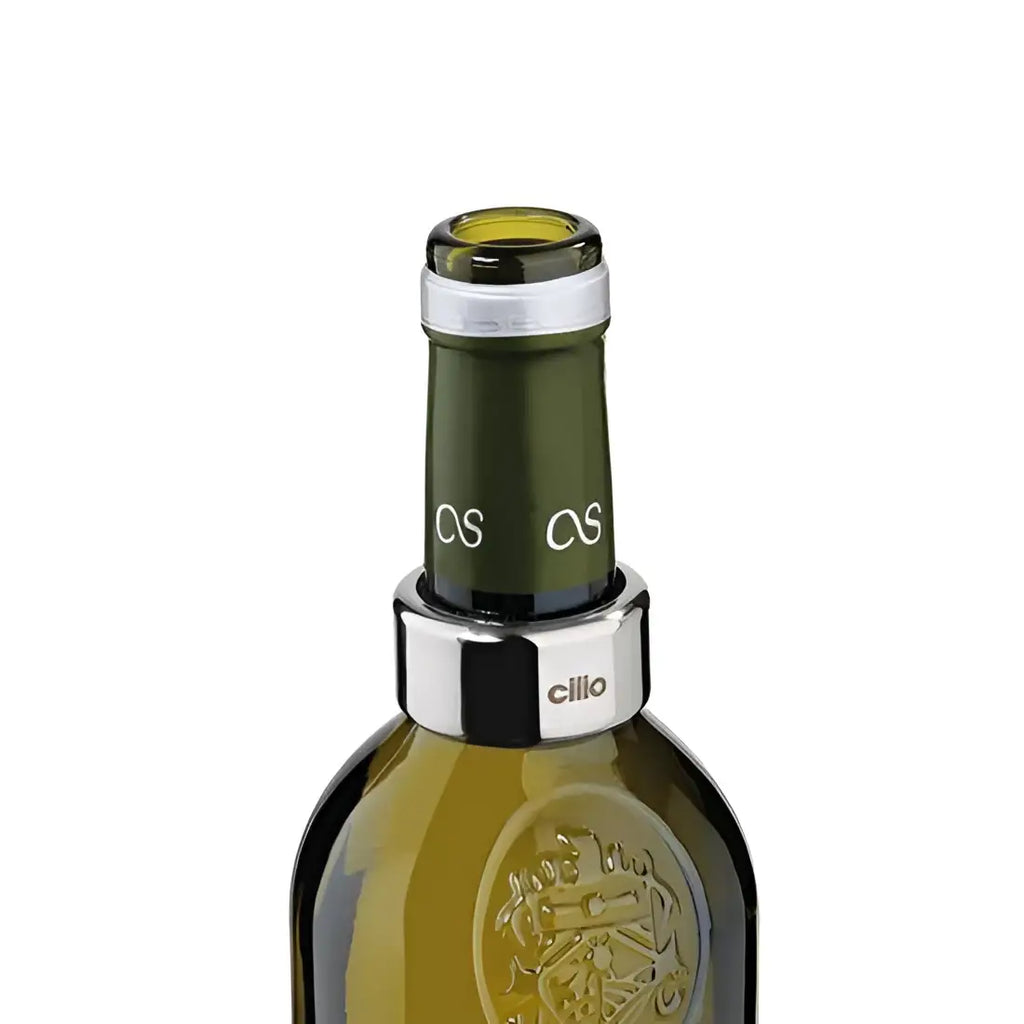 Bottle with a cilio wine bottle stopper on a white background