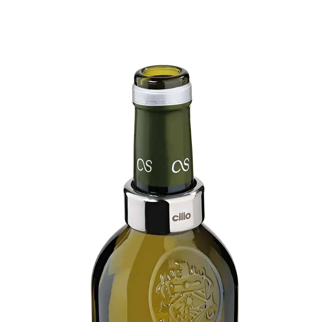 Bottle with a cilio wine bottle stopper on a white background