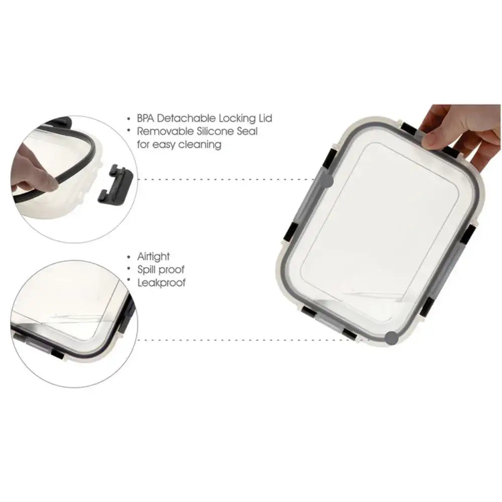 Transparent container with a lid, showing features like detachable locking lid and removable silicone seal.