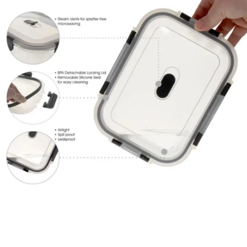 Food storage container with features highlighted on a white background