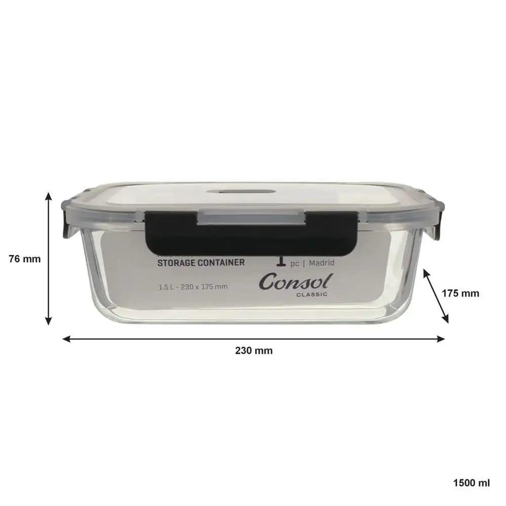 Clear storage container with lid and dimensions labeled on a white background