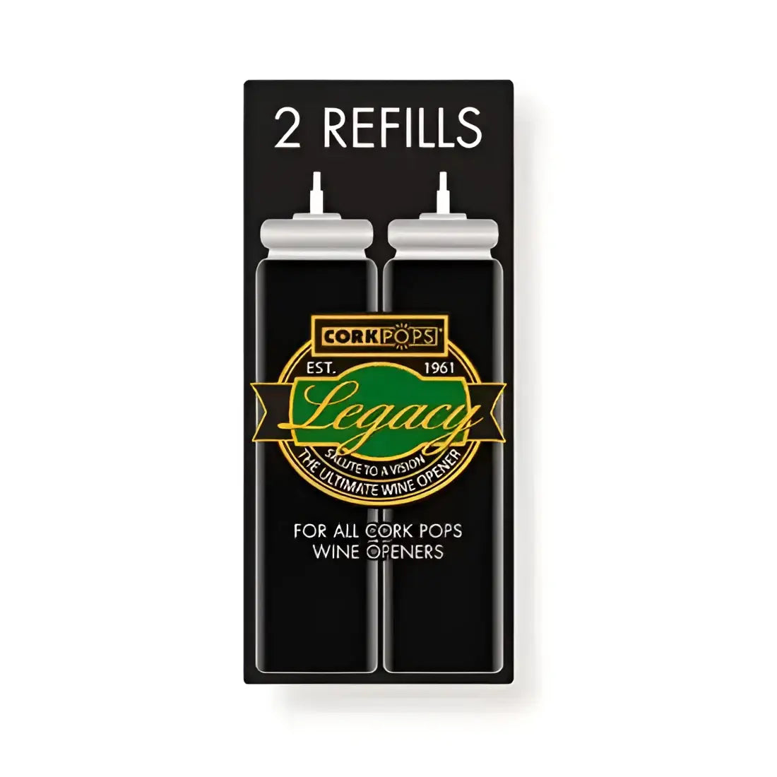 Cork Pops Legacy wine opener refill pack with two black gas cartridges, kitchenware at Cookin Stores