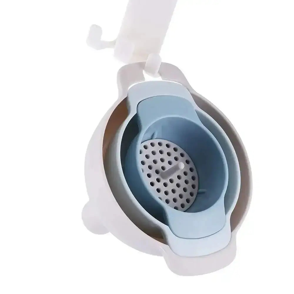 Collapsible blue and white kitchen strainer on a white background