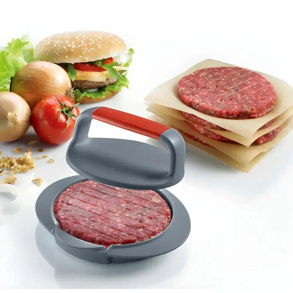 Hamburger press with raw ground beef patties, ingredients, and a hamburger on a white background