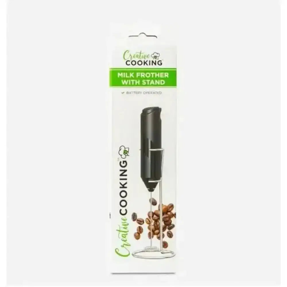 Packaging of a milk frother with stand labeled 'Creative Cooking' on a white background.