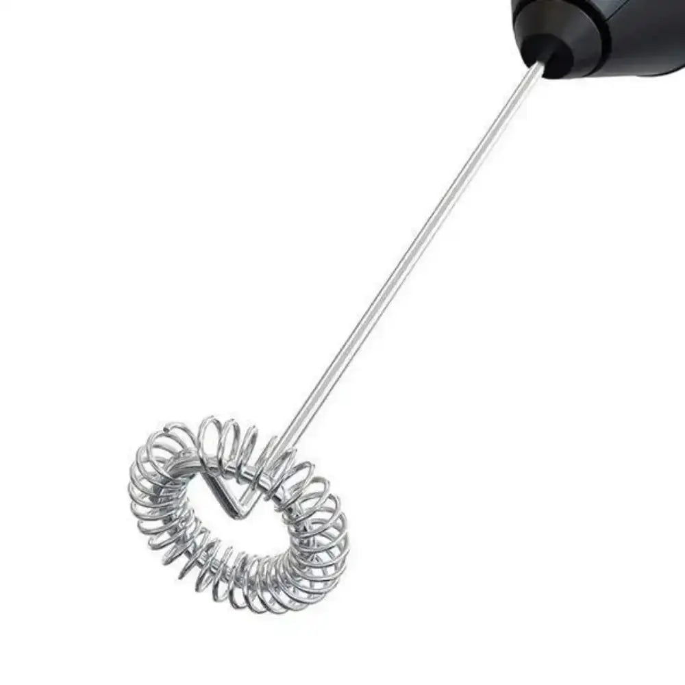 Metallic whisk with a black handle on a white background