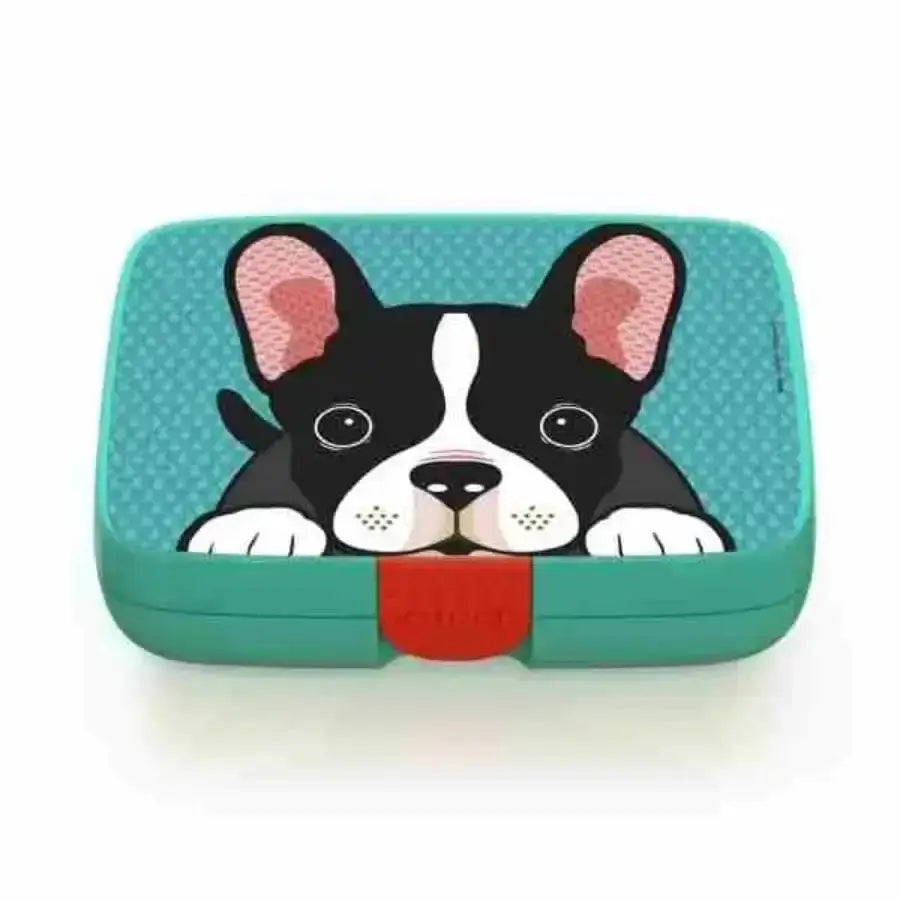 Turquoise kids lunch box with cute cartoon French bulldog design, Cookin Stores kitchenware