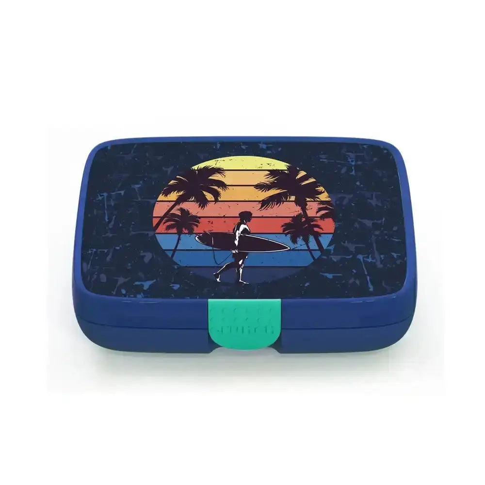 Blue Classic lunchbox with sunset surfer and palm tree design from Cookin Stores