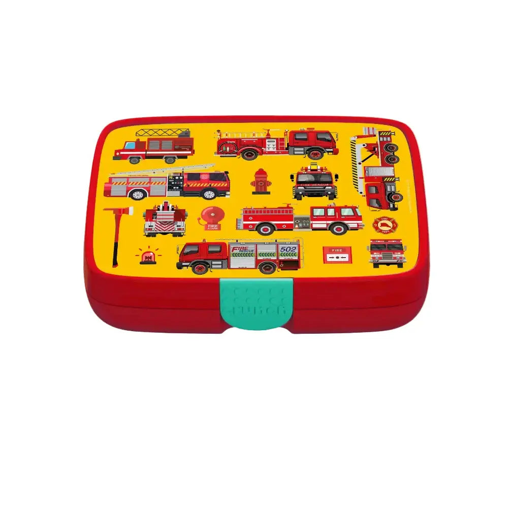 Red and yellow lunchbox with a firetruck design on a white background 