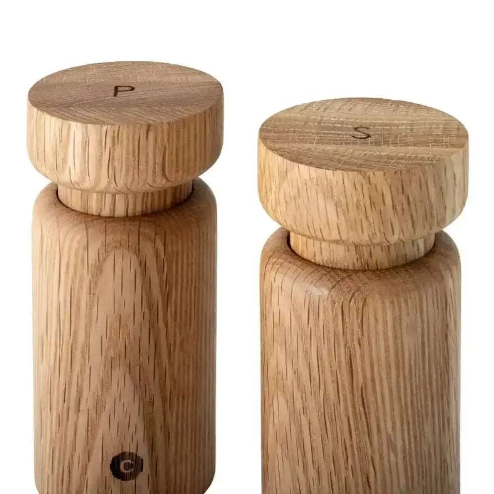 CrushGrind Helsinki oak salt and pepper grinder set on white, premium kitchenware at Cookin Stores