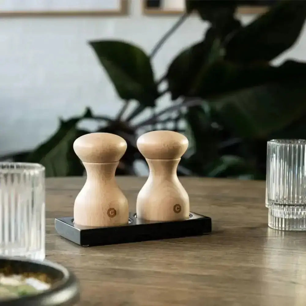 CrushGrind Lyon natural wooden salt and pepper grinder set on table, Cookin Stores kitchenware