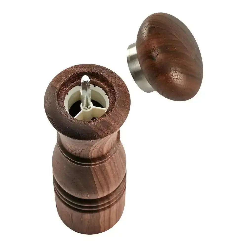 CrushGrind Paris walnut salt and pepper grinder with lid removed, premium kitchenware.