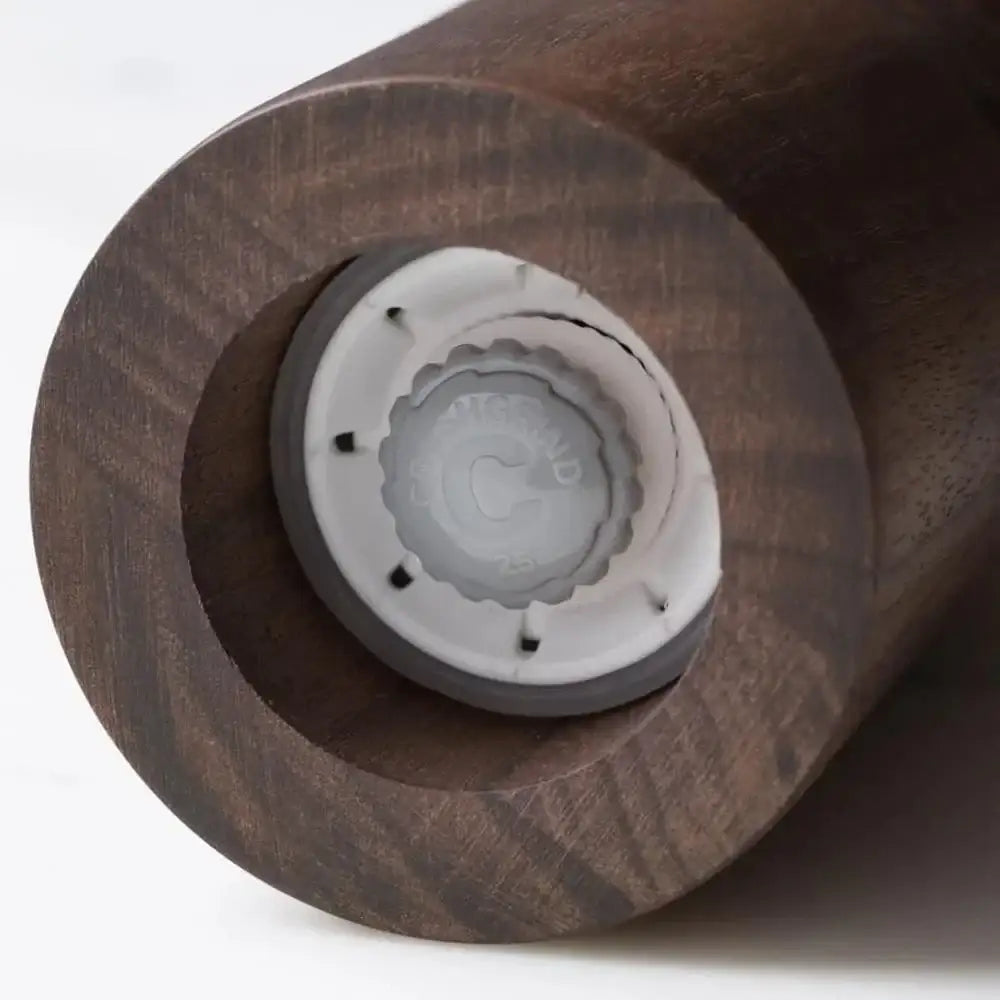 Close-up of CrushGrind Paris walnut salt or pepper grinder mechanism, Cookin Stores kitchenware
