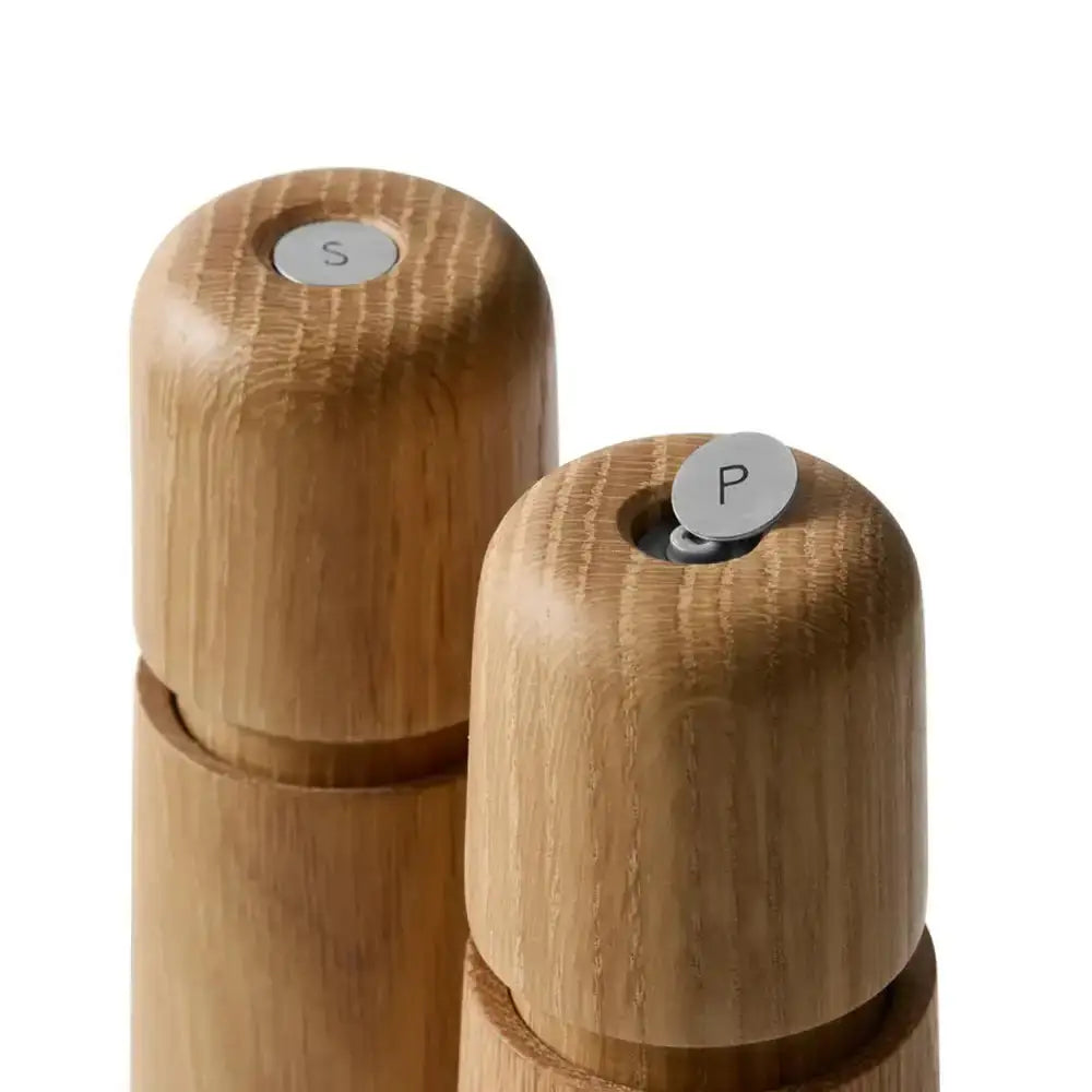 Wooden salt and pepper shakers with 'S' and 'P' labels on a white background
