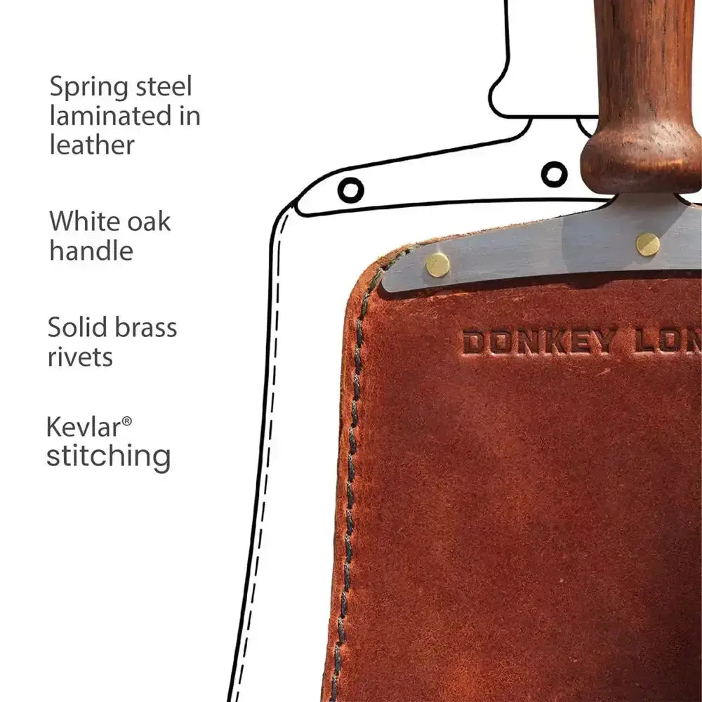 Leather handheld kitchen paddle with white oak handle, brass rivets, Kevlar stitching, Cookin Stores
