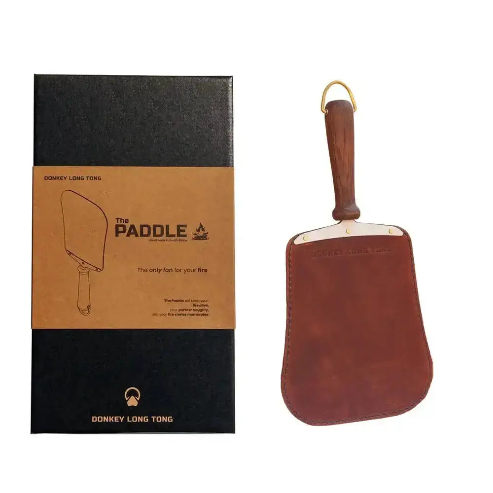 Donkey Long Tong leather handheld fire paddle with wooden handle and branded box from Cookin Stores